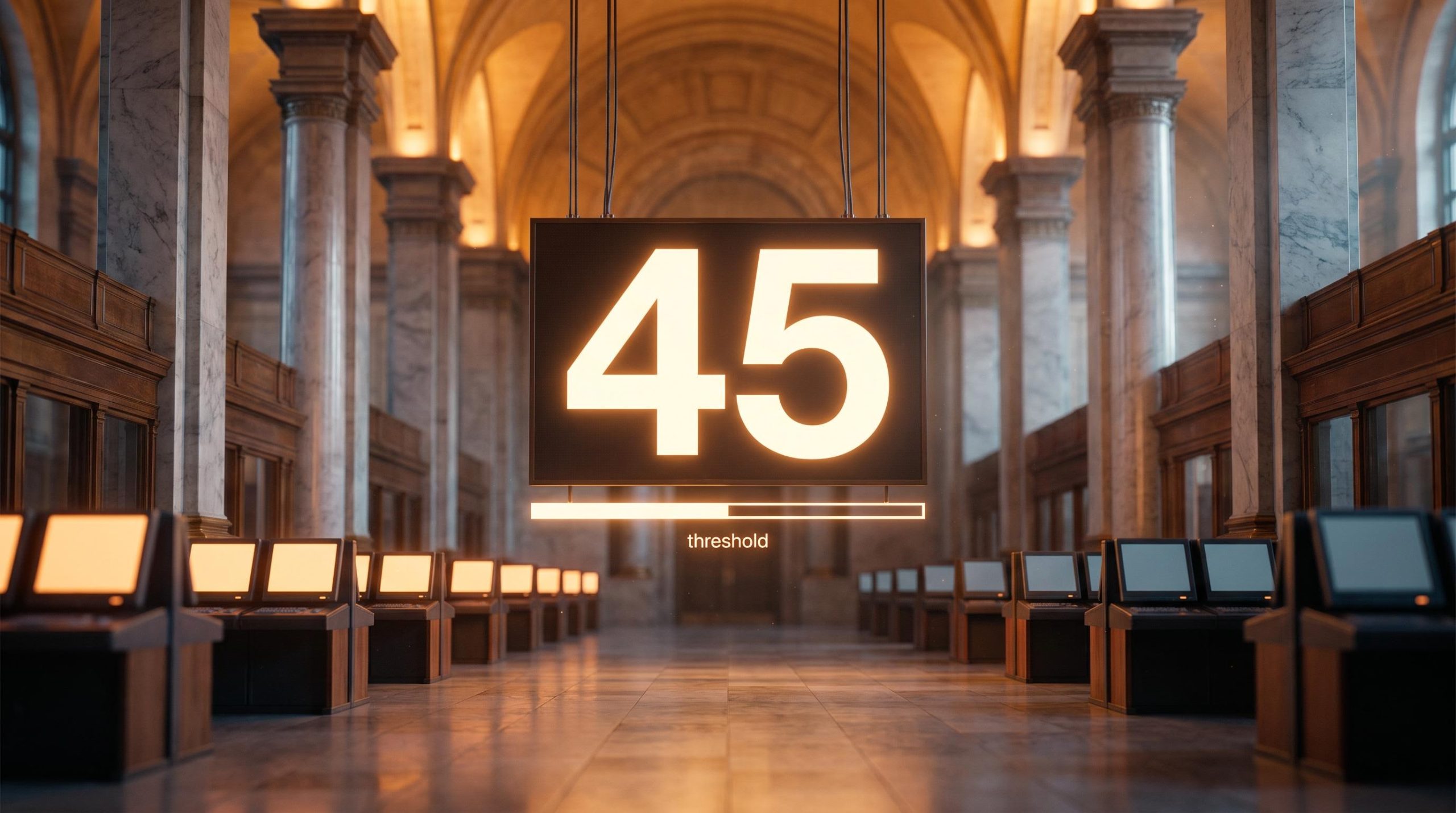 Monumental '45' VIX threshold display inside a grand exchange hall, illustrating the VIX forward market indicator regime framework