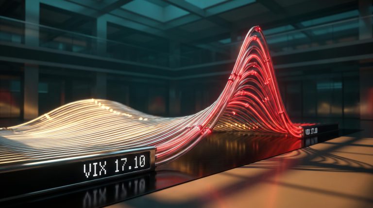 VIX futures curve shifting from contango to backwardation, visualised as a chrome 3D structure with spot VIX at 17.10