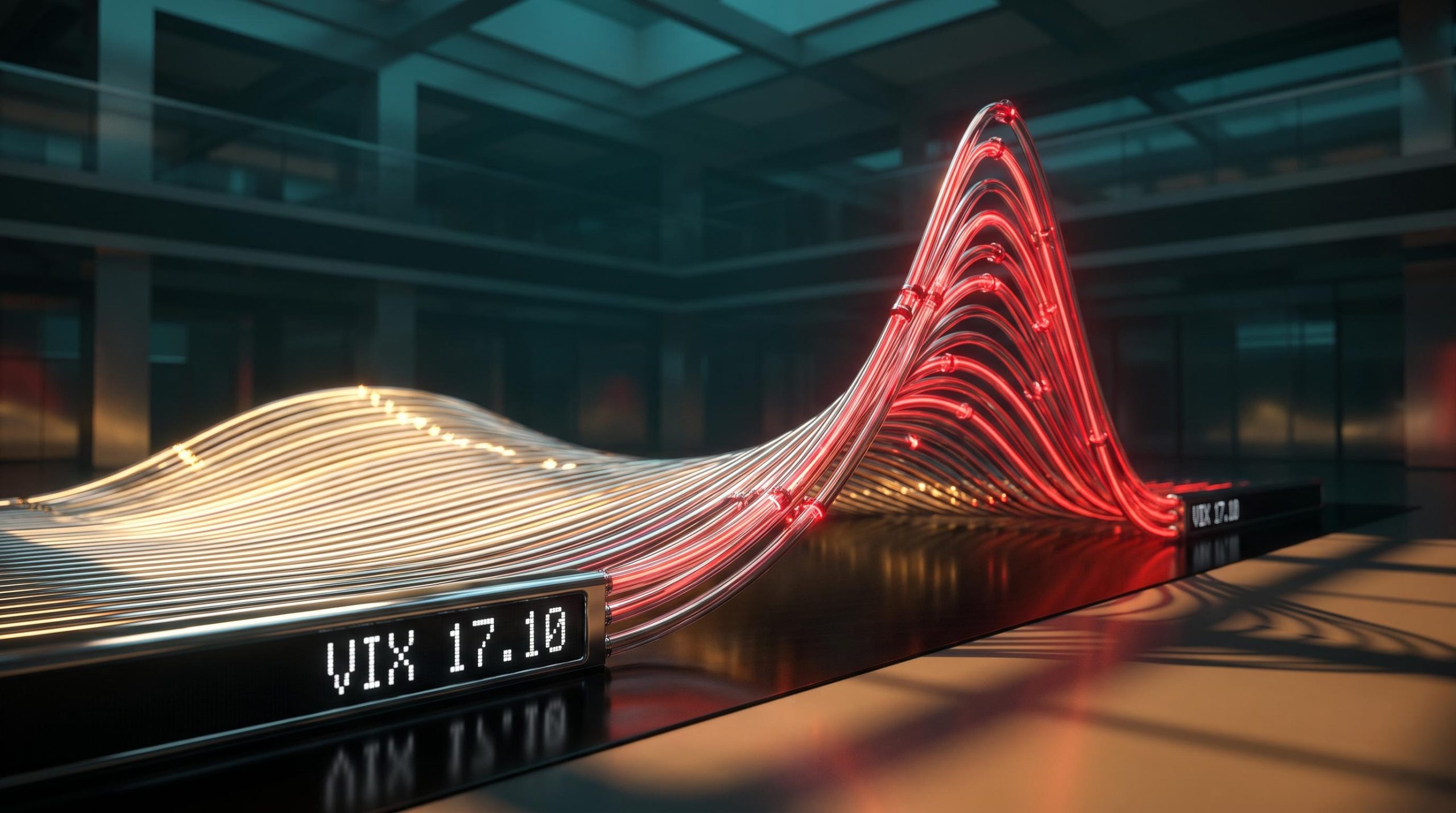 VIX futures curve shifting from contango to backwardation, visualised as a chrome 3D structure with spot VIX at 17.10
