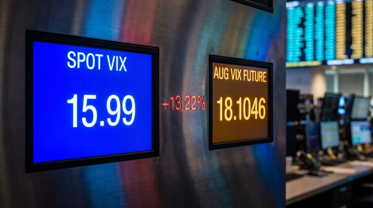 VIX spot 15.99 vs August futures 18.1046 showing the 13.22% VIX futures premium on trading displays