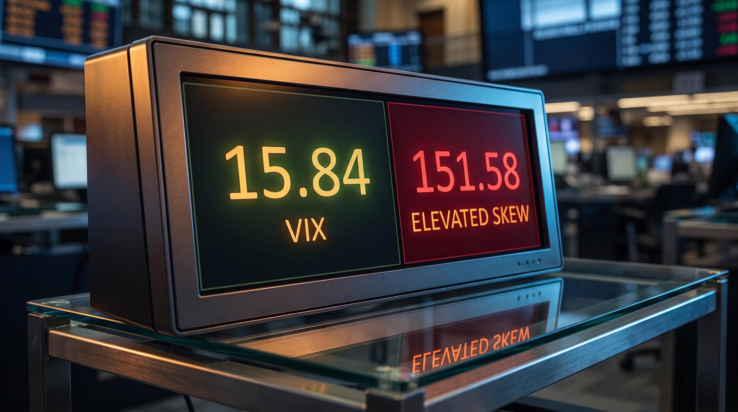 VIX at 15.84 clashes with elevated skew of 151.58 — low volatility high interest rates signal hidden risk