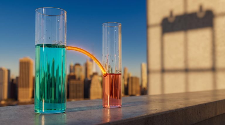 Glass tubes showing VIX 15.52 versus realised volatility 10 against a New York skyline, illustrating VIX and options market signals