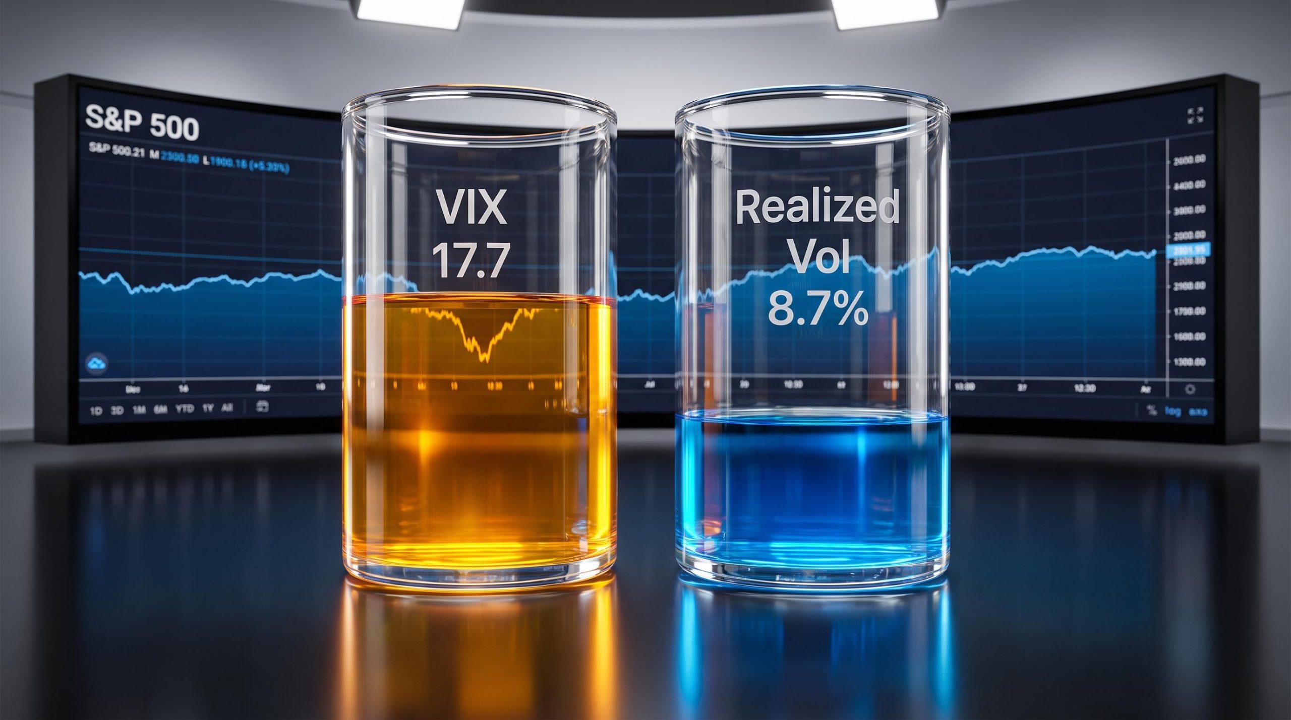 Glass cylinders showing VIX 17.7 versus realized vol 8.7% gap — VIX expiration OPEX explained