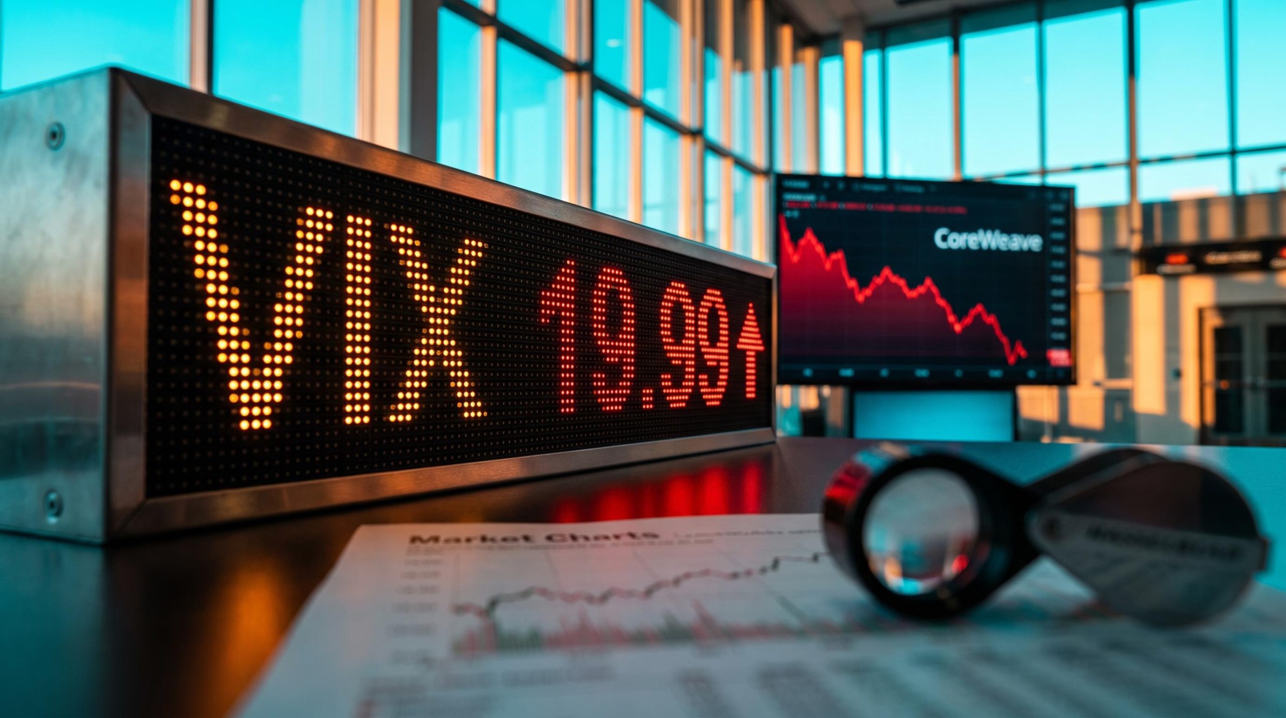VIX spike to 19.99 on a trading floor volatility board with falling CoreWeave chart behind, under a scrutinising loupe