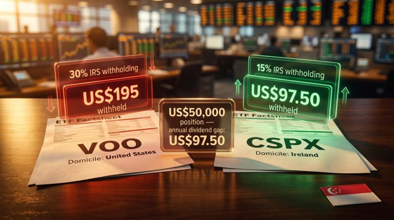 VOO vs CSPX domicile comparison showing 30% vs 15% US ETF tax withholding for Singapore investors