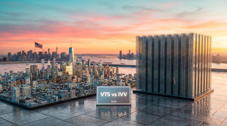VTS vs IVV explained: broad sprawling city model beside a compact 500-tower cluster, with a Gold rating placard