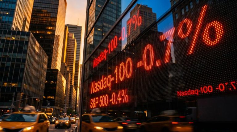 Red Nasdaq-100 futures ticker on Wall Street at sunset as the Wall Street AI rally loses momentum after Tesla and Meta results