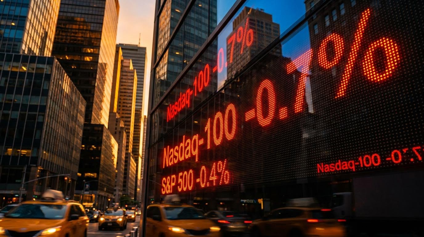Red Nasdaq-100 futures ticker on Wall Street at sunset as the Wall Street AI rally loses momentum after Tesla and Meta results