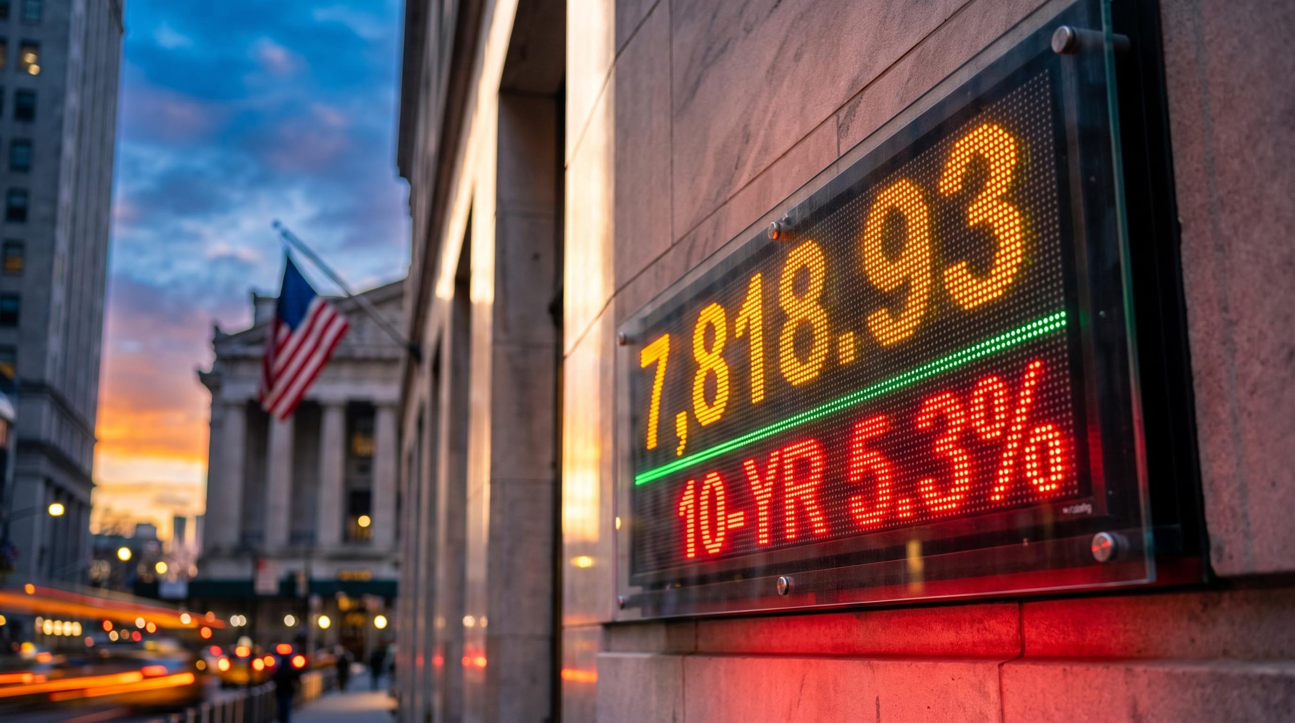 Wall Street market outlook: LED ticker showing S&P 500 record 7,818.93 beside a red 5.3% Treasury yield near the NYSE