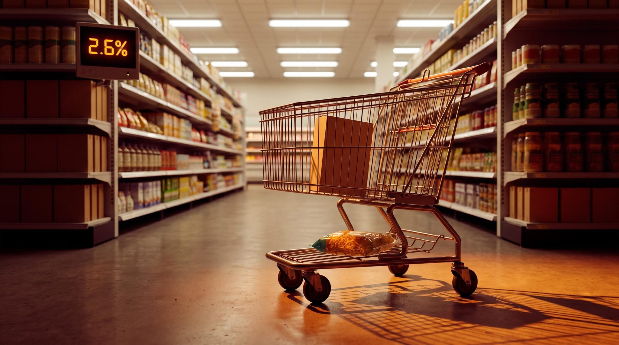 Near-empty shopping cart in a superstore aisle as Walmart consumer spending growth slows to 2.6%