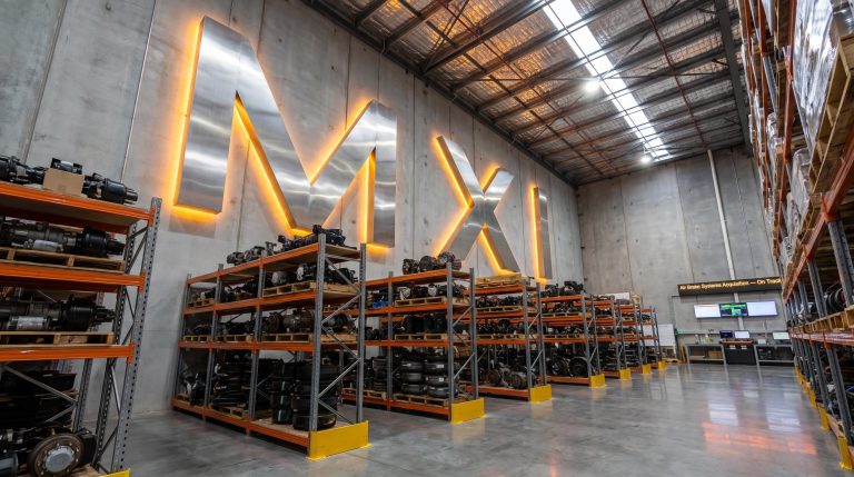 Warehouse with shelves and logo