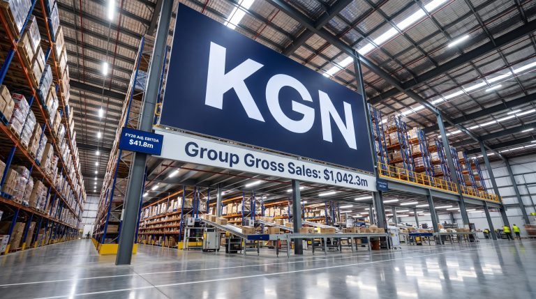 Warehouse with shelves and sign