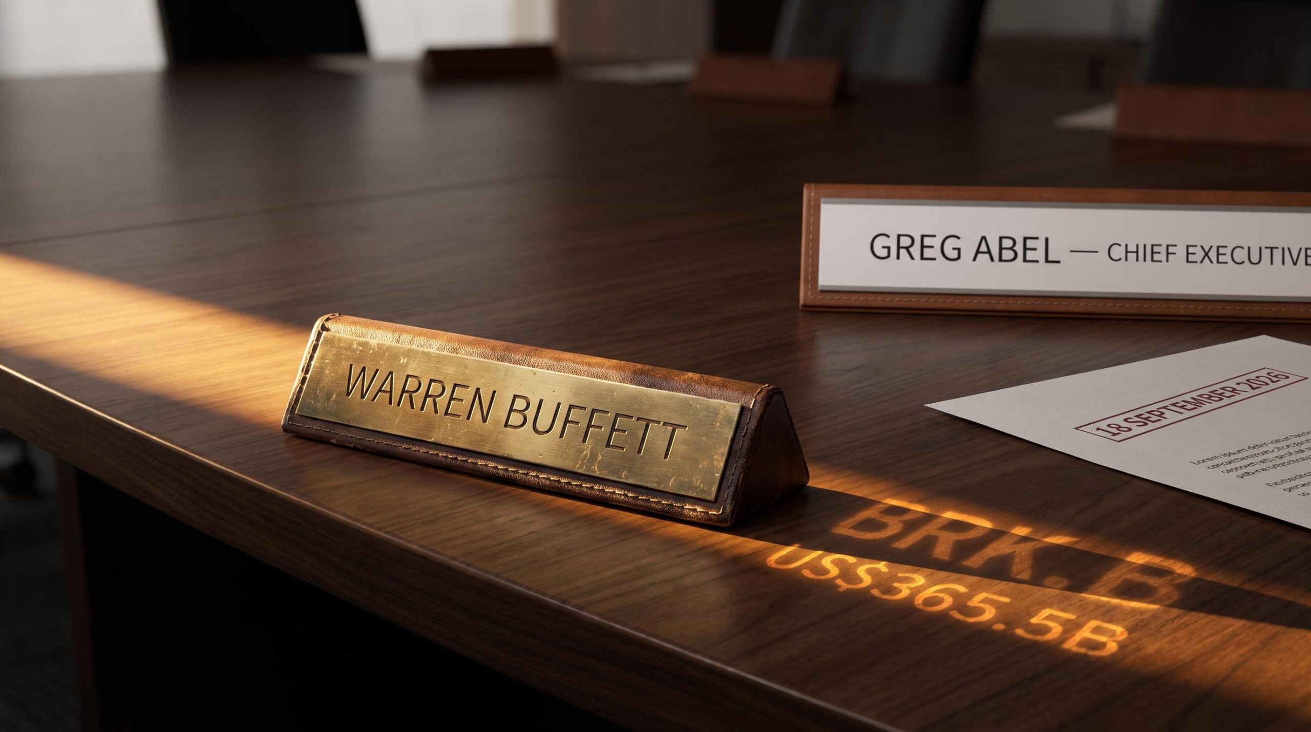 Warren Buffett chairman nameplate beside Greg Abel placard dated 18 September 2026 as Berkshire leadership transitions