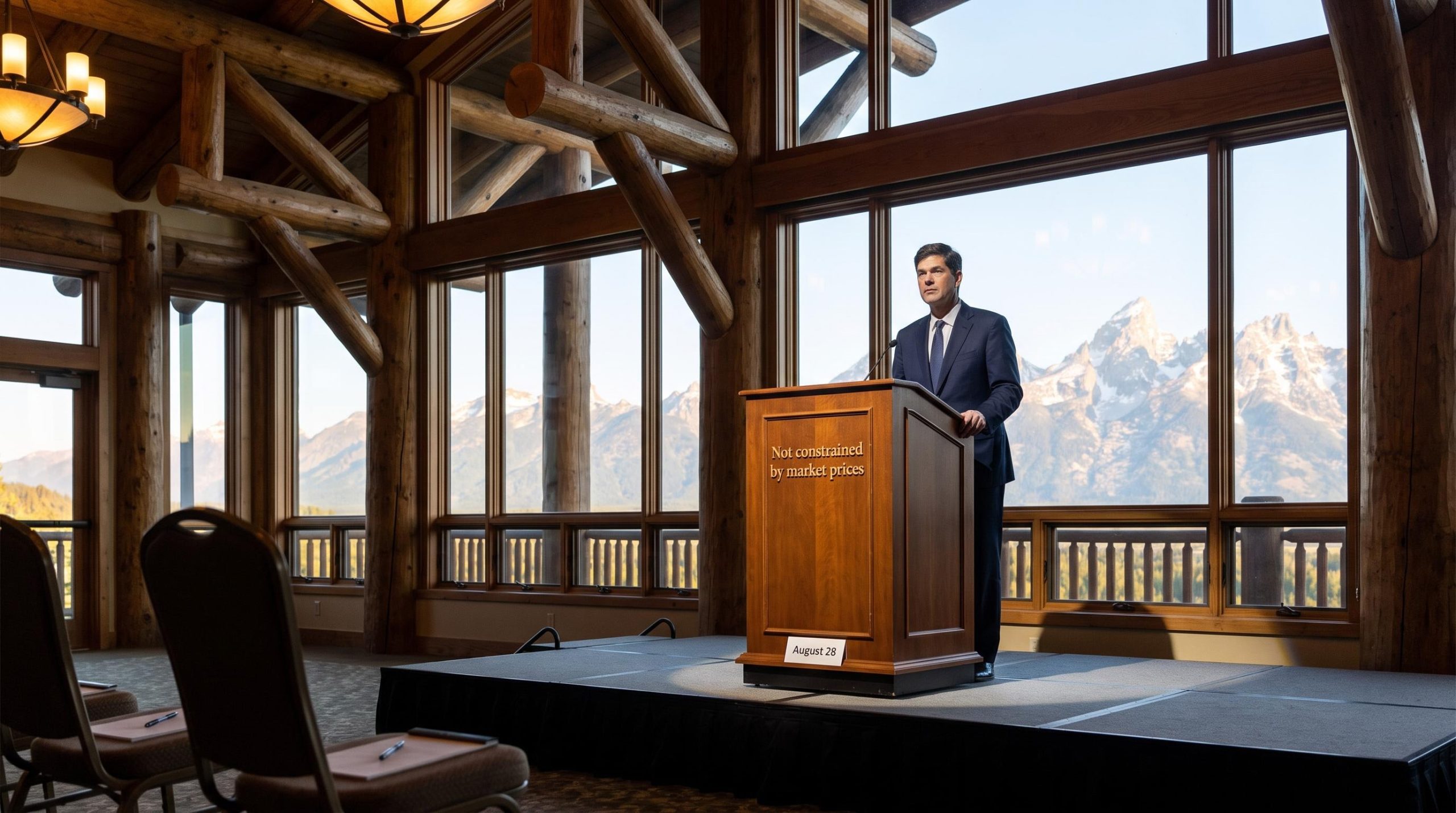 Kevin Warsh at Jackson Lake Lodge podium August 28 with Teton backdrop — Warsh Jackson Hole speech analysis