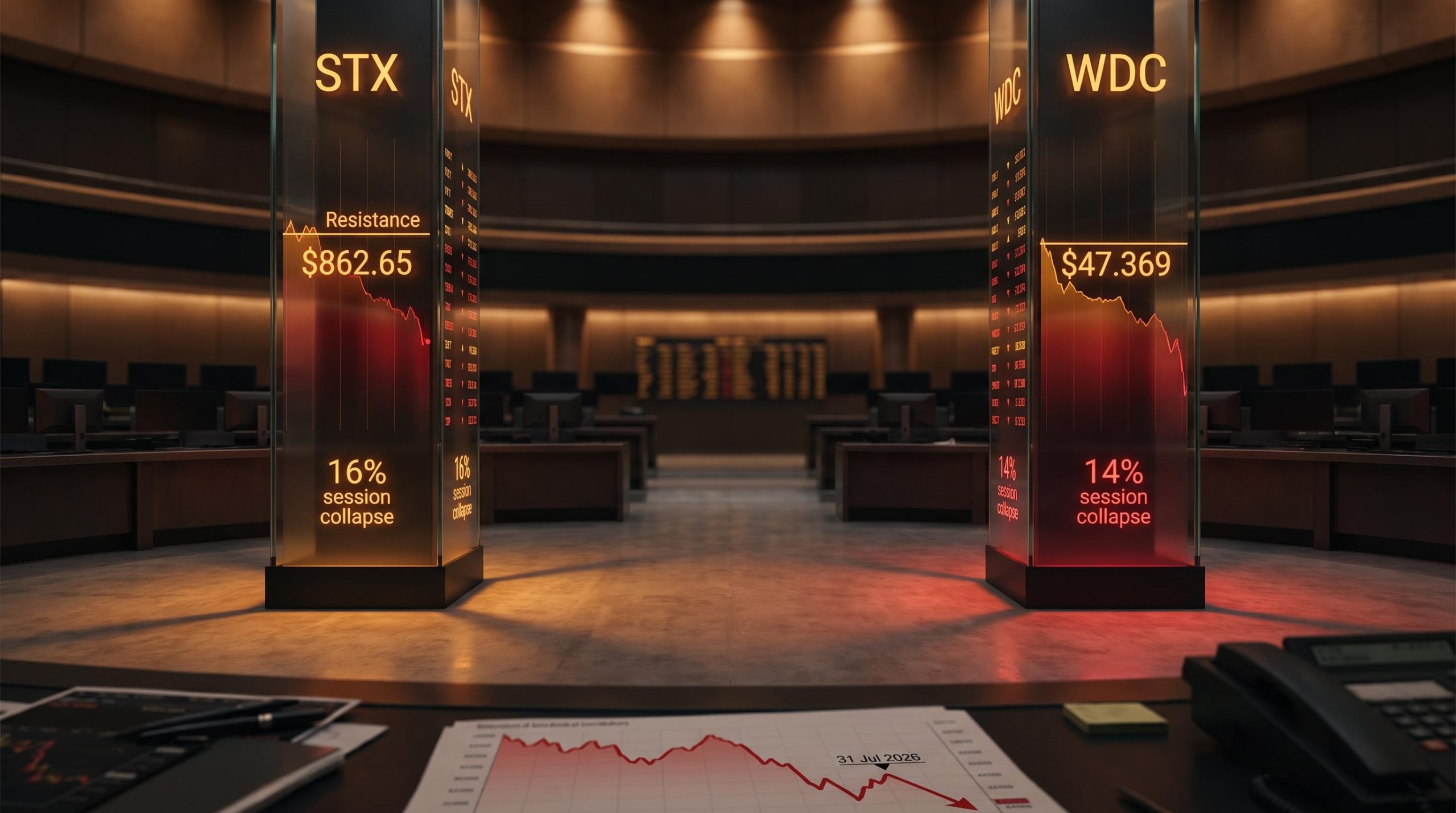 STX and WDC chart pillars showing $862.65 and $47.369 resistance levels after Toshiba-driven 16% sell-off