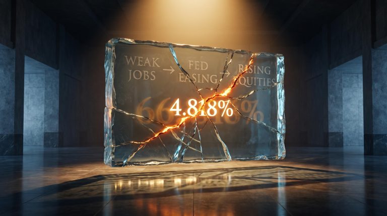Shattered glass slab engraved with Fed rate-cut logic, cracked by a 4.818% Treasury yield as weak jobs data fails to rally stocks