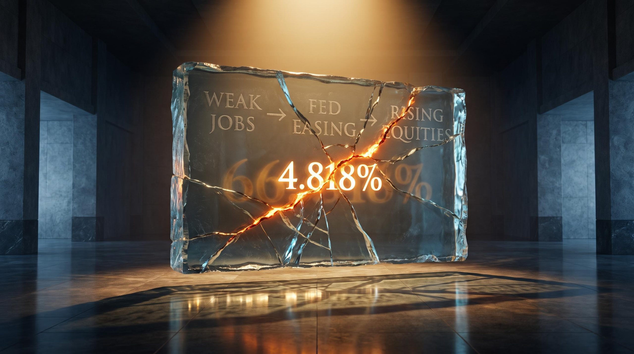 Shattered glass slab engraved with Fed rate-cut logic, cracked by a 4.818% Treasury yield as weak jobs data fails to rally stocks