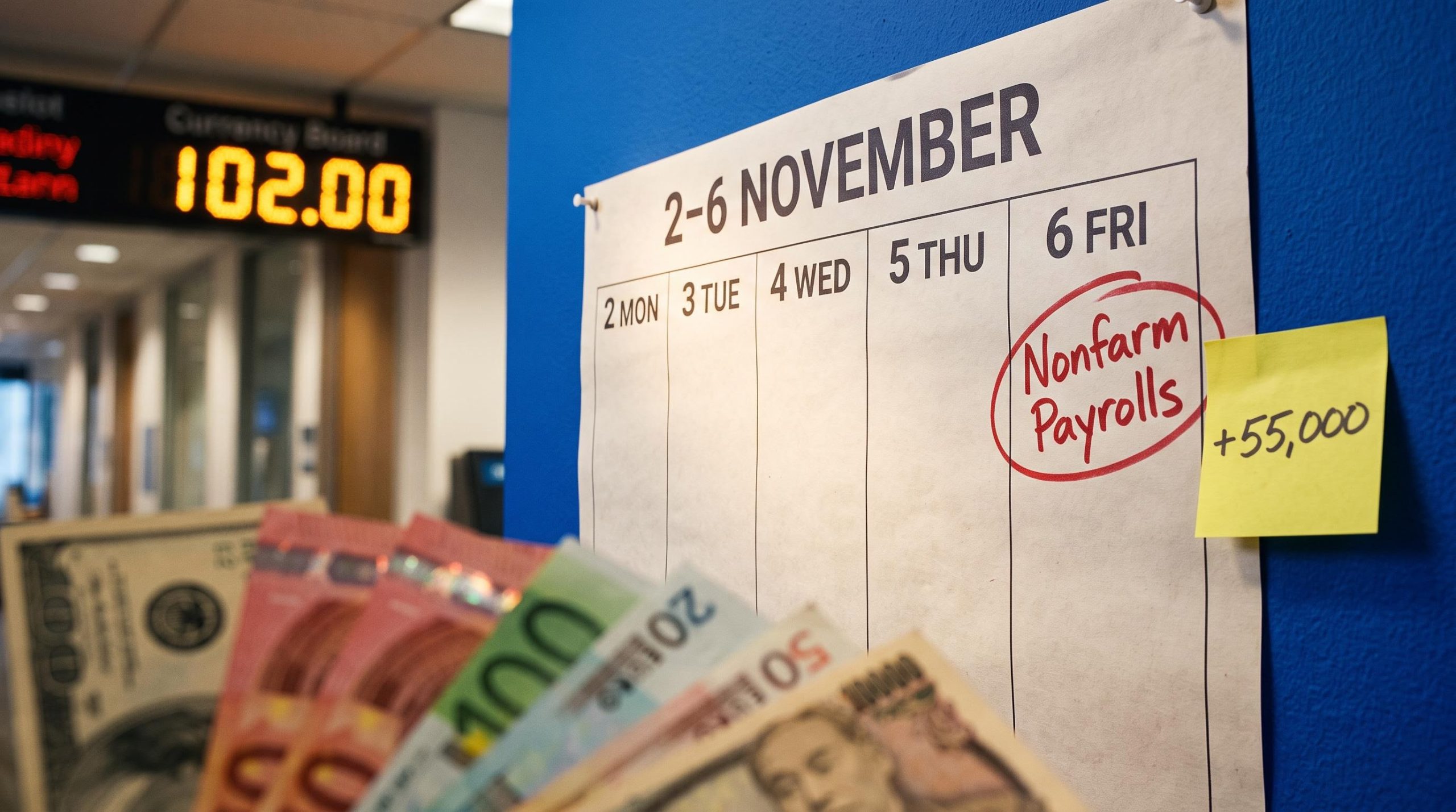 Wall calendar for 2-6 November with Nonfarm Payrolls marked and banknotes, a week ahead forex preview