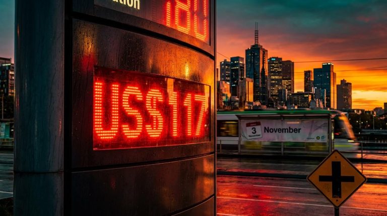Glowing red US$117 fuel price sign over Melbourne skyline at dusk, framing the week ahead investors face on oil and rates