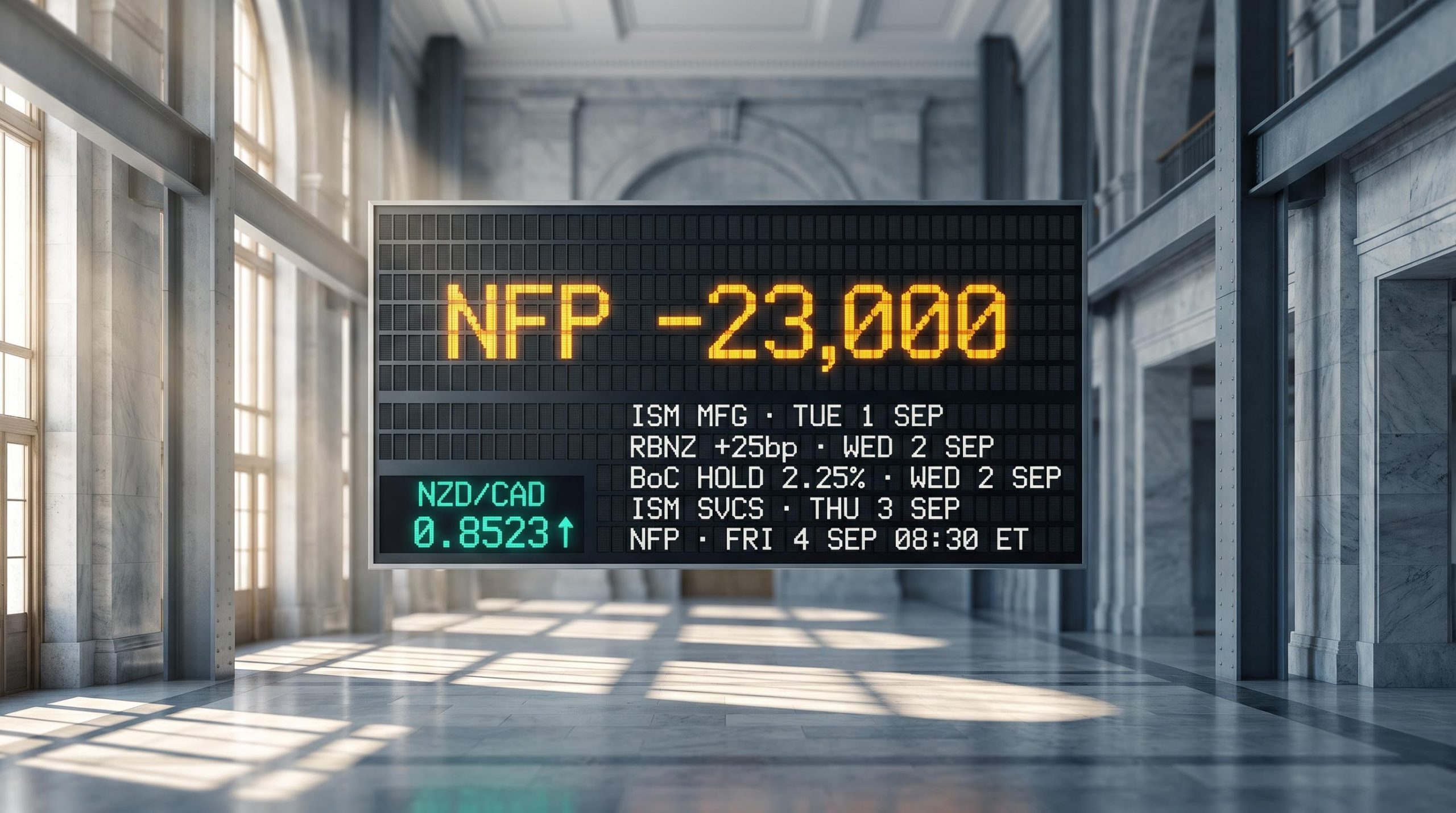 Central bank data board showing NFP and ISM releases in the week ahead before the Fed's September meeting