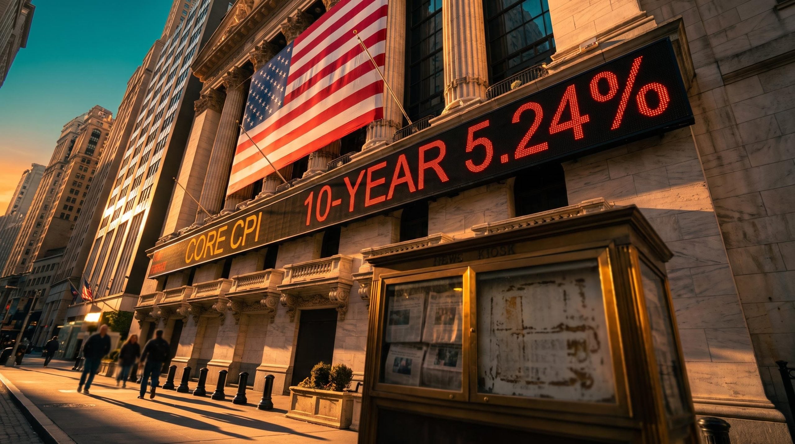 Wall Street stock exchange facade with a red 10-year yield ticker, framing the week ahead for US stocks