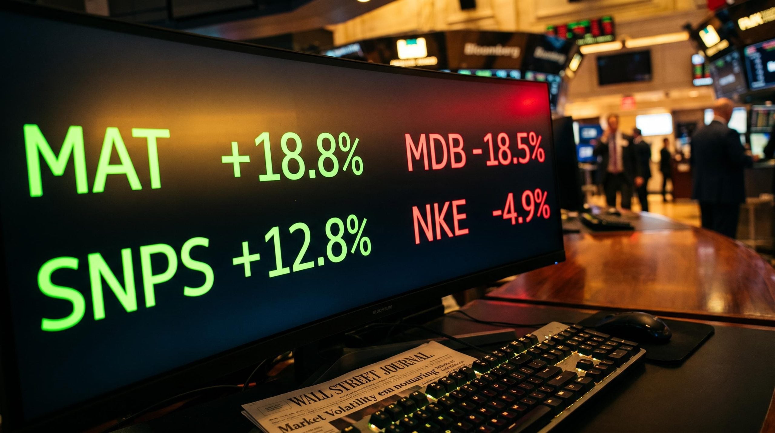 Bloomberg trading terminal showing MAT +18.8%, SNPS +12.8%, MDB -18.5%, NKE -4.9% in a weekly market recap