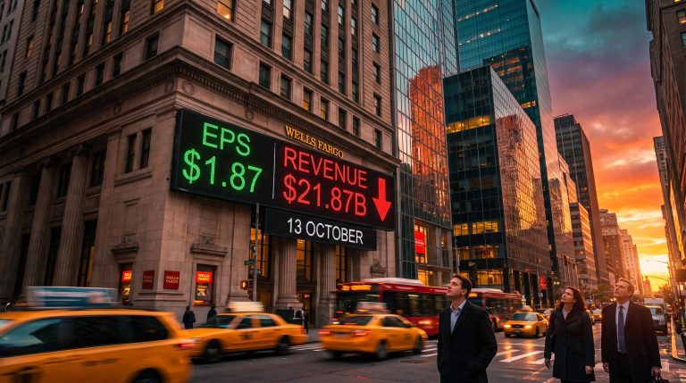 Stock ticker in Manhattan at sunset showing EPS and revenue figures for Wells Fargo Q3 2026 earnings beat and revenue miss