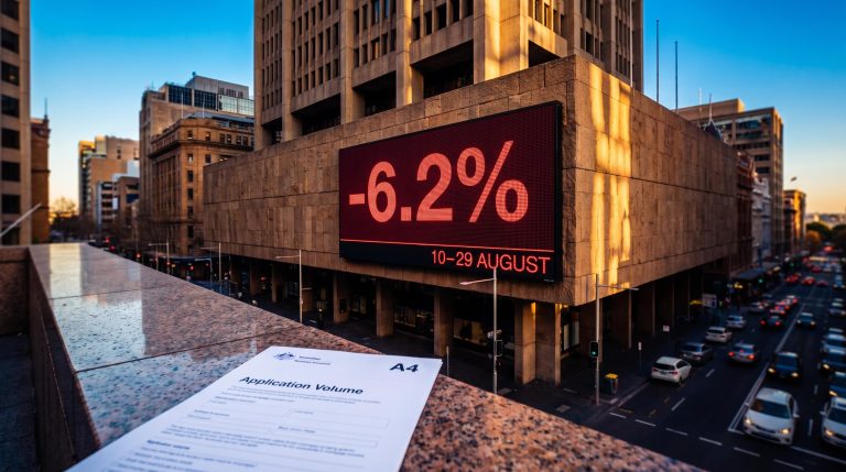 ASX Financials Index panel showing -6.2% drawdown after Westpac mortgage application data triggered sector-wide repricing