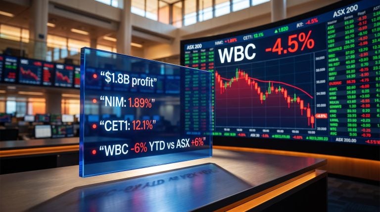 Westpac share price falls 4.5% on 10 Aug 2026 despite $1.8B profit, WBC NIM and forward earnings data displayed