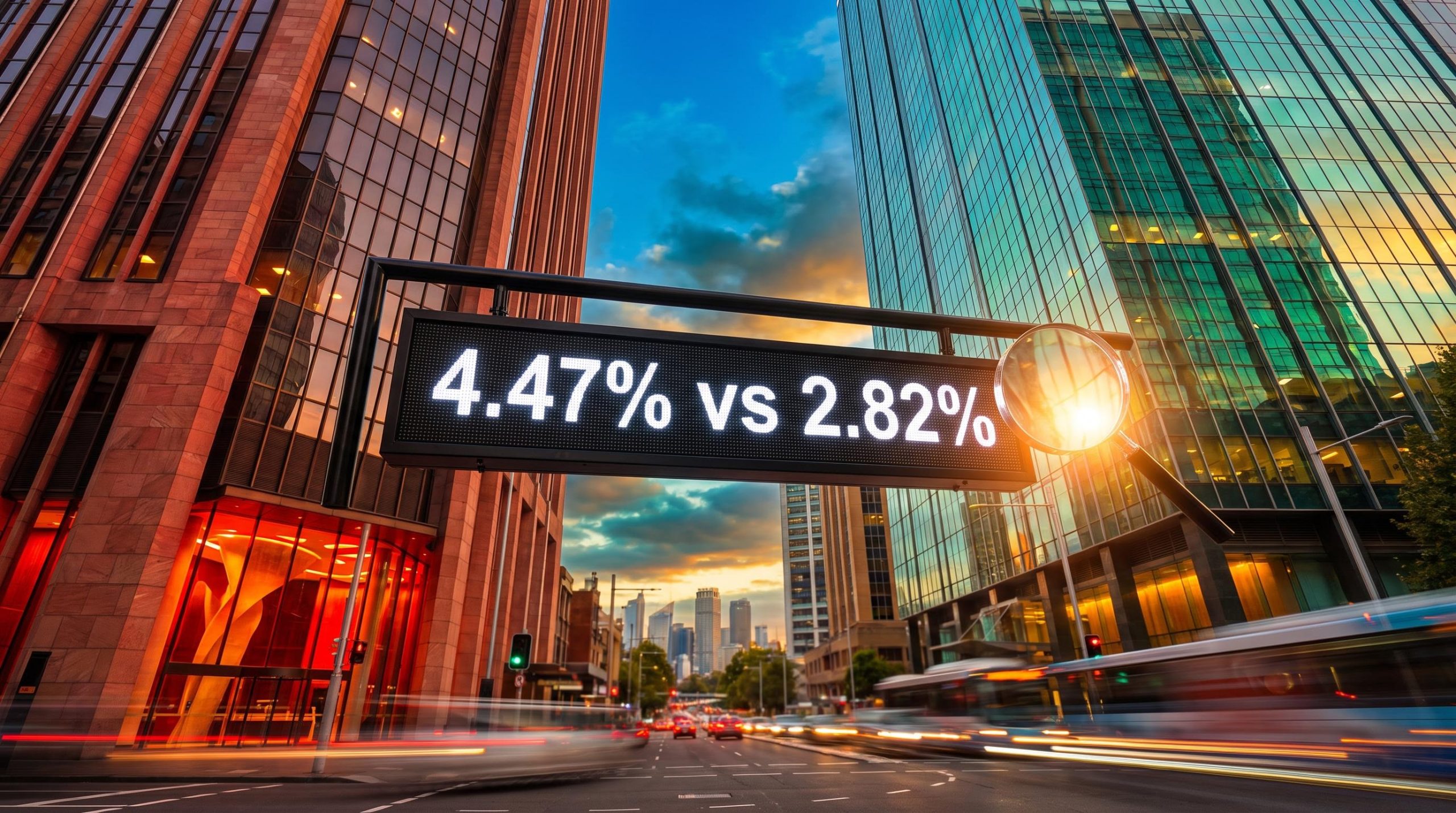 Westpac vs Macquarie yield contrast shown as 4.47% vs 2.82% on a glowing sign between two Sydney bank towers