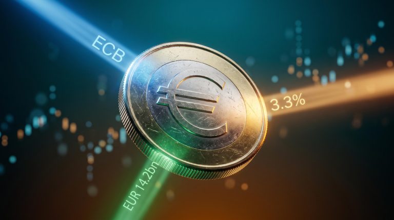 Oversized euro coin struck by three coloured light beams representing ECB policy, HICP inflation at 3.3%, and trade balance forces