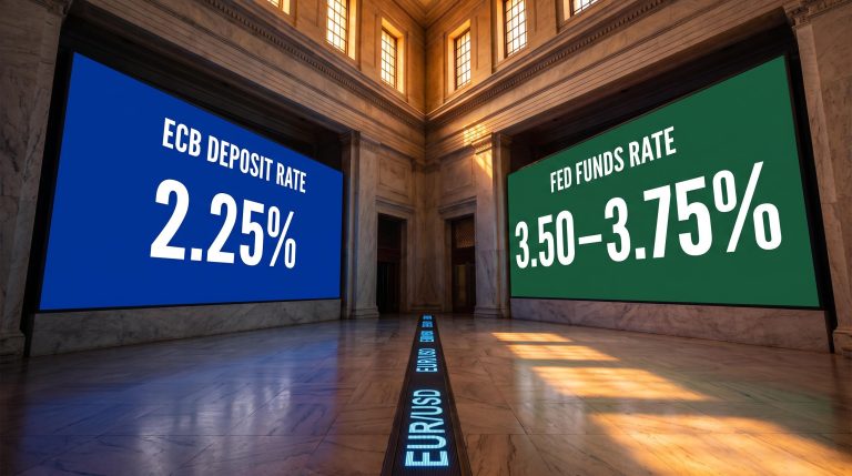 ECB and Fed rate display boards face each other in a marble central banking chamber illustrating what drives EUR/USD