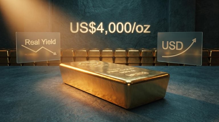Gold bar in vault with real yield and USD overlays illustrating what drives gold prices in a multipolar world