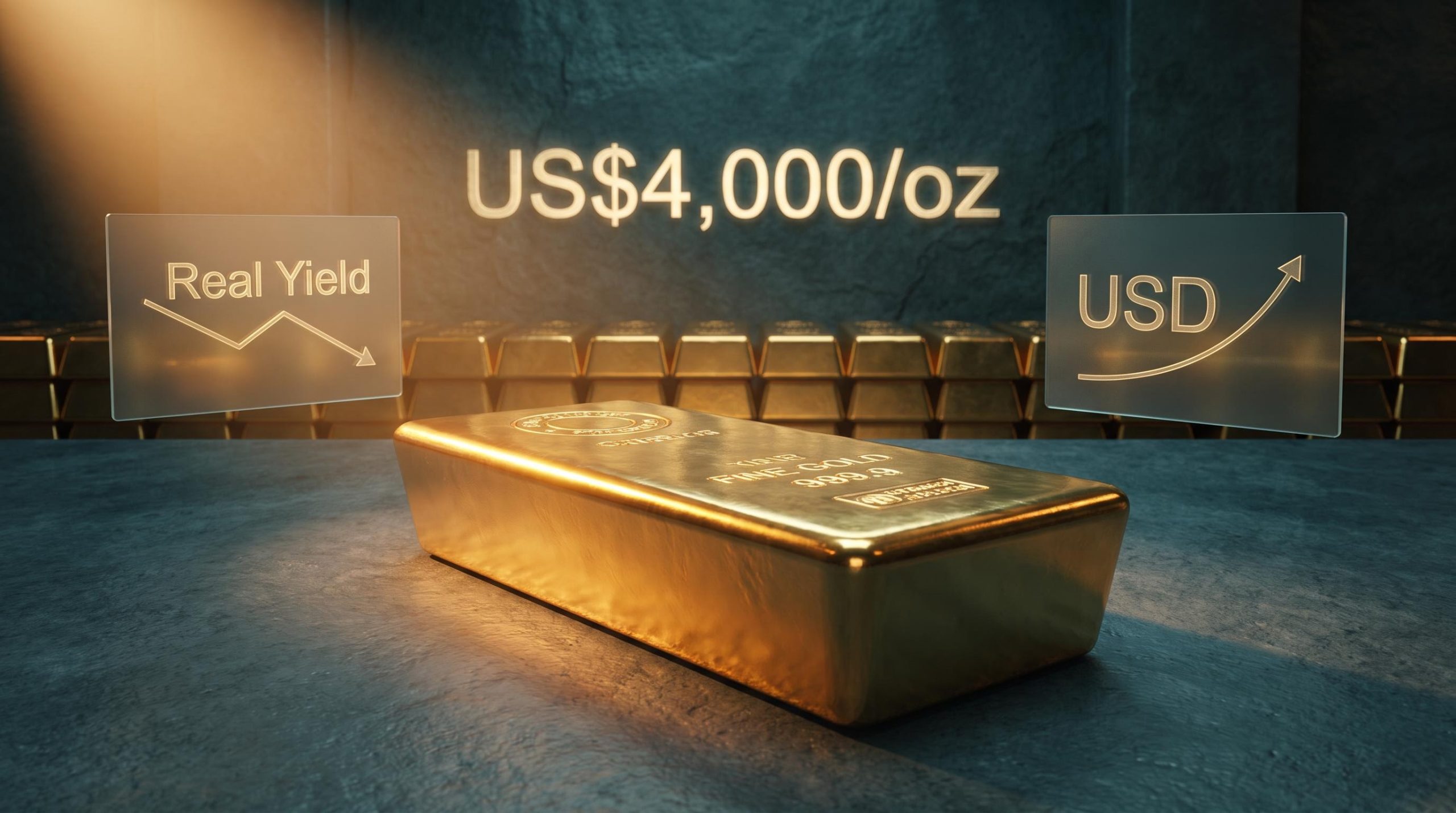 Gold bar in vault with real yield and USD overlays illustrating what drives gold prices in a multipolar world