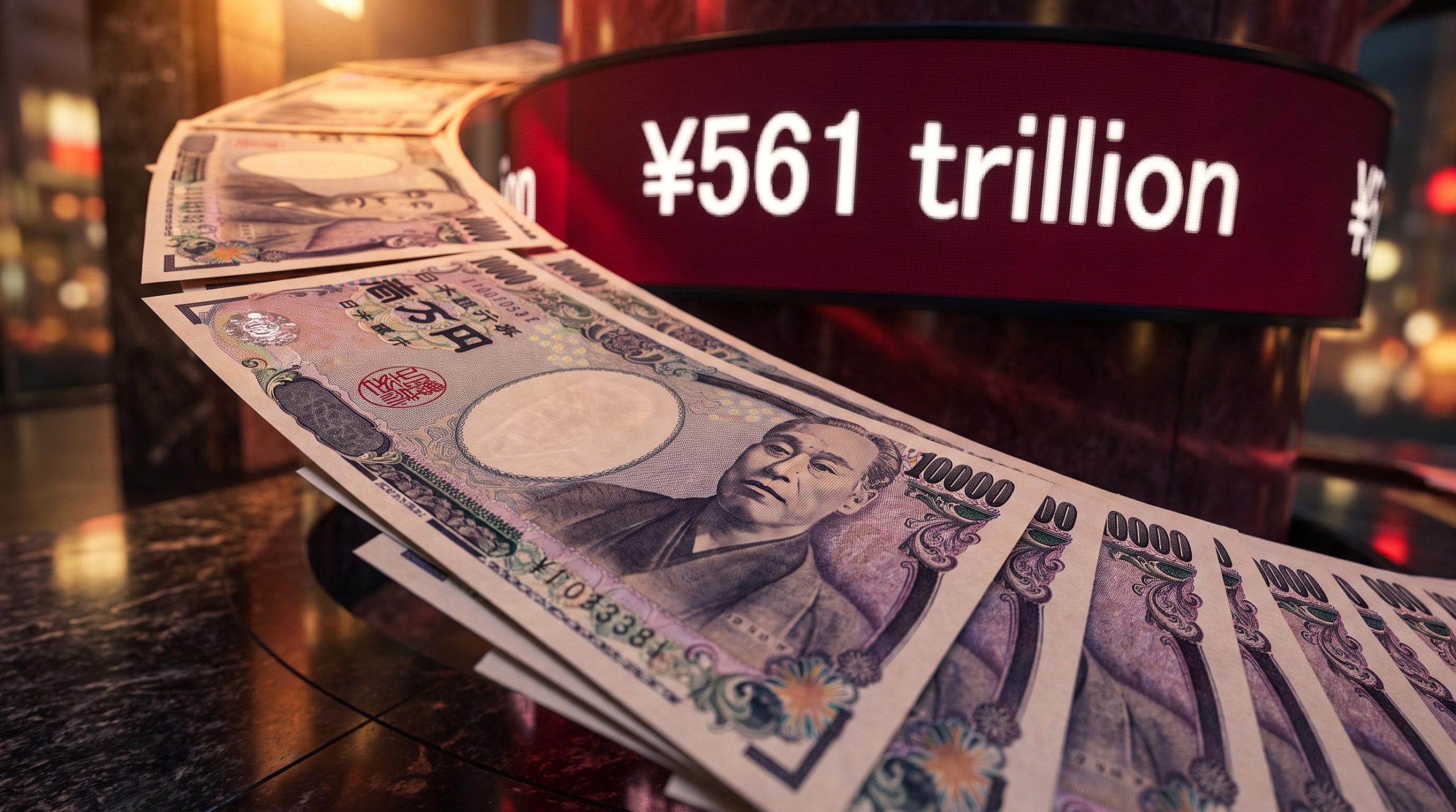 ¥10,000 banknotes fanned against a crimson screen showing ¥561 trillion — what drives the Japanese yen