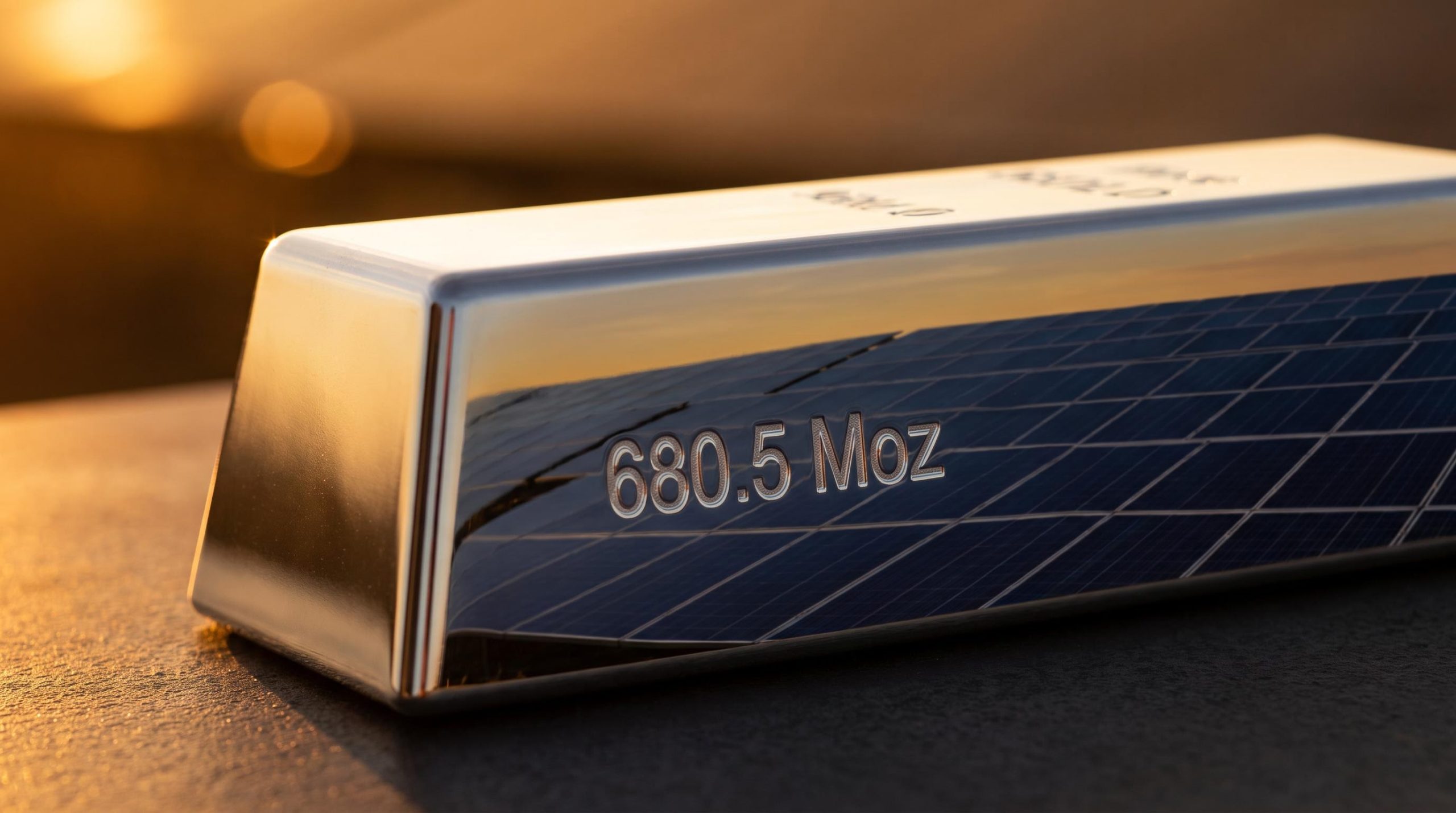 Silver bullion bar reflecting solar panel cells, illustrating what drives silver prices including industrial demand
