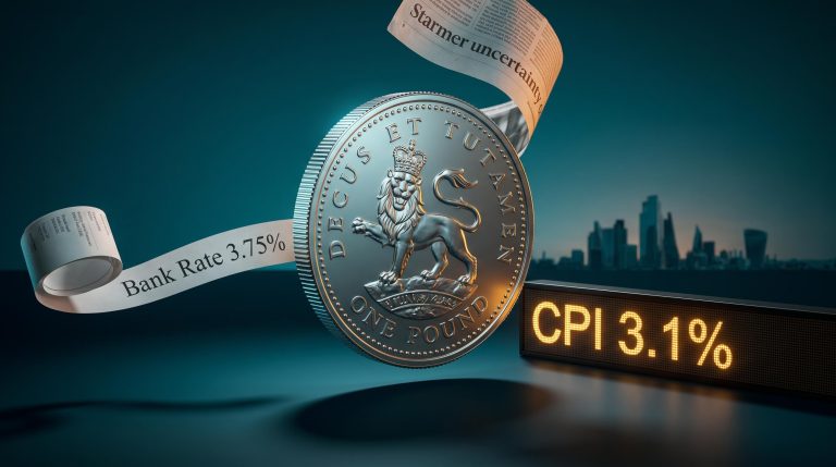 Giant British pound coin suspended mid-air with Bank Rate 3.75% and CPI 3.1% data panels showing what moves sterling