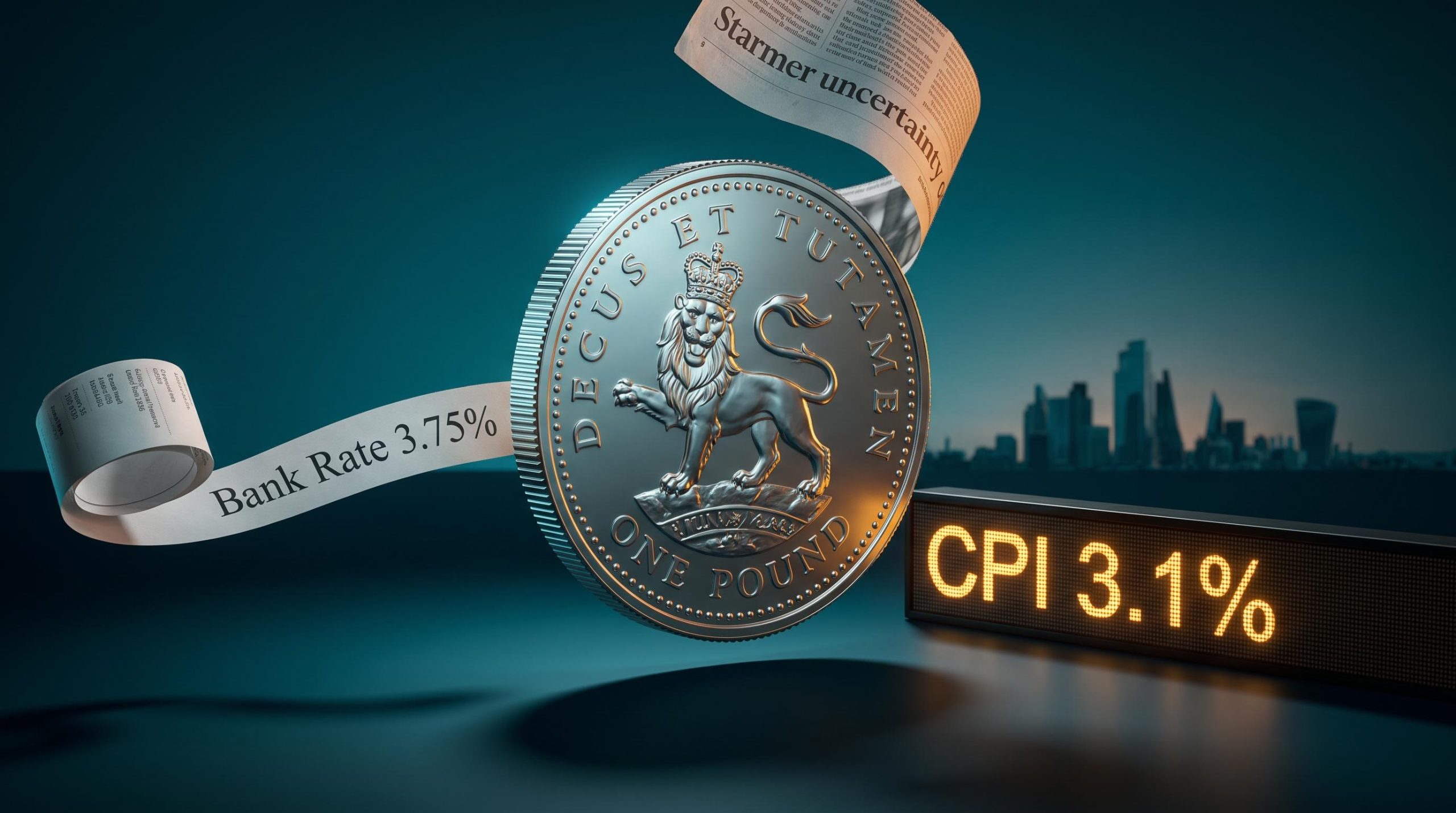 Giant British pound coin suspended mid-air with Bank Rate 3.75% and CPI 3.1% data panels showing what moves sterling