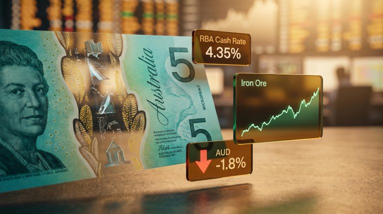 Australian dollar banknote with RBA cash rate 4.35% and iron ore price panels — what moves the AUD