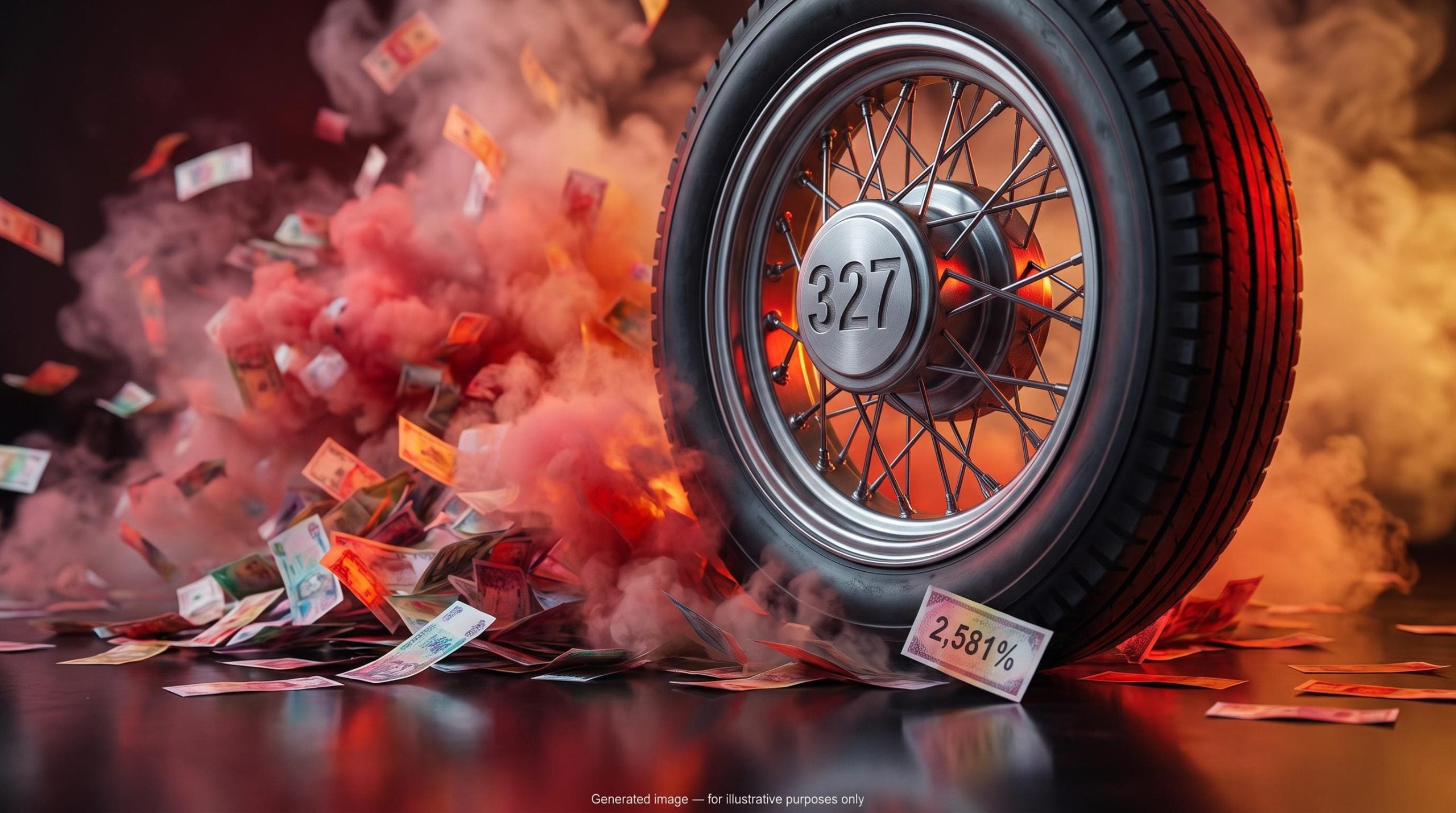 Vintage car wheel crushing dissolving banknotes, visualising the real asset value of stocks during a currency collapse.