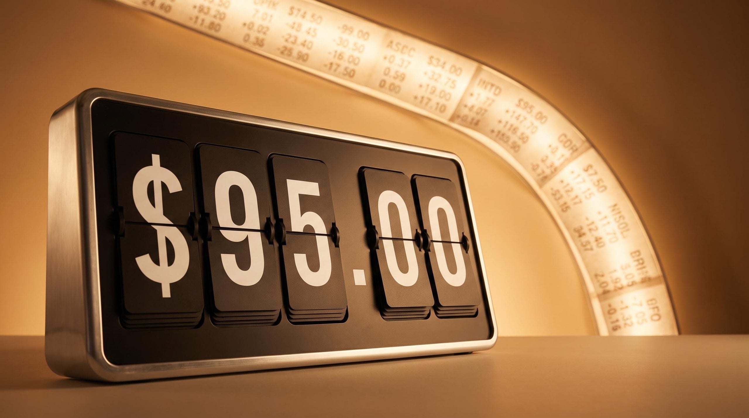 Mechanical scoreboard displaying "$95.00" cost basis against a falling stock price tape — wheel strategy explainer