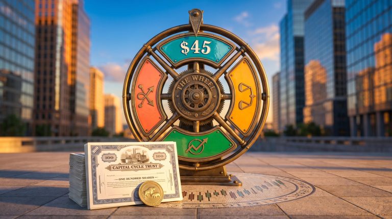 Golden-hour carnival wheel on a stock exchange plaza showing a $45 strike, illustrating the wheel strategy for options income