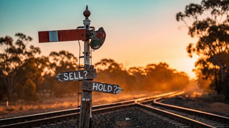 Railway signal and fingerpost reading SELL? and HOLD? at a track junction, illustrating when to sell investments