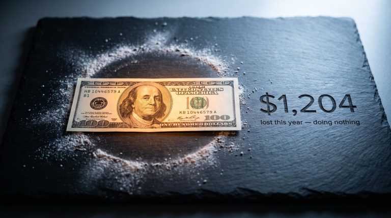 A $100 bill on dark slate with "$1,204" etched beside it, illustrating where to park your cash to stop silent losses