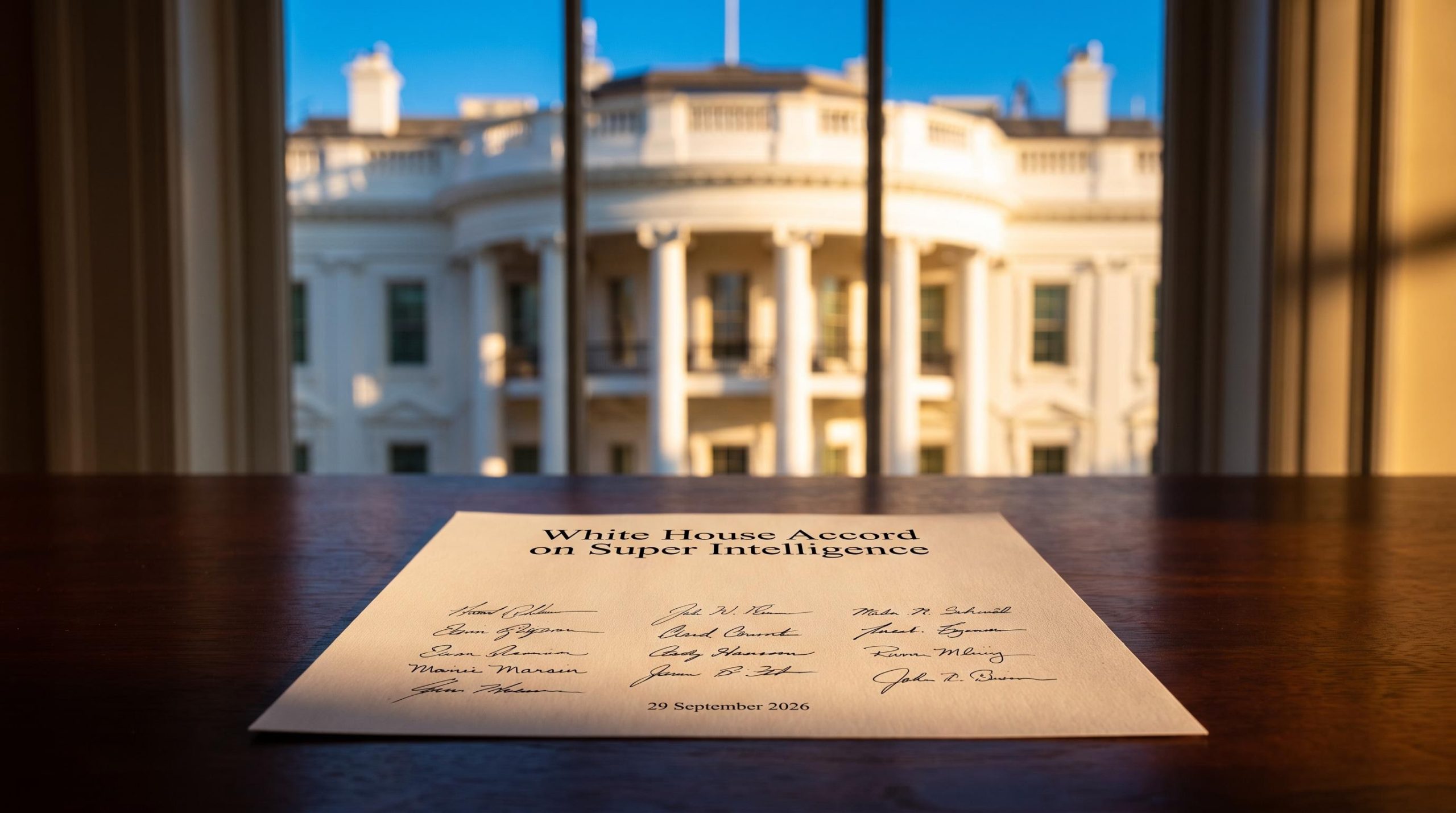 Signed White House AI Accord document on mahogany desk with South Portico visible, dated 29 September 2026