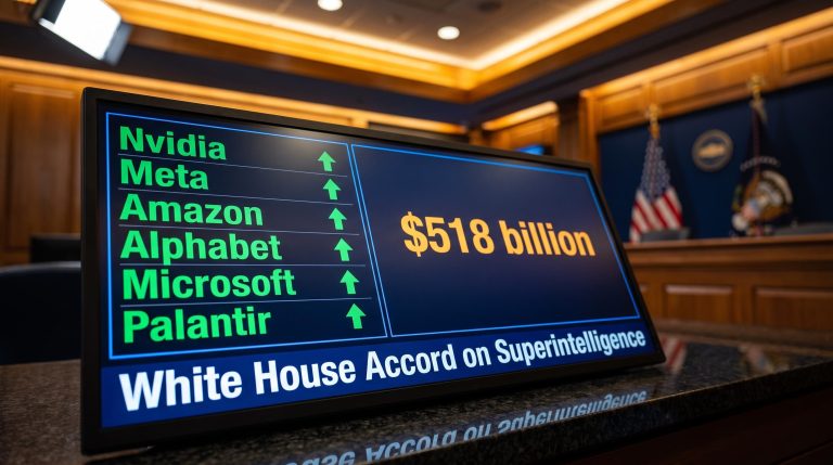 White House AI summit stock impact — terminal shows superintelligence accord as Nvidia, Meta and AI names rally