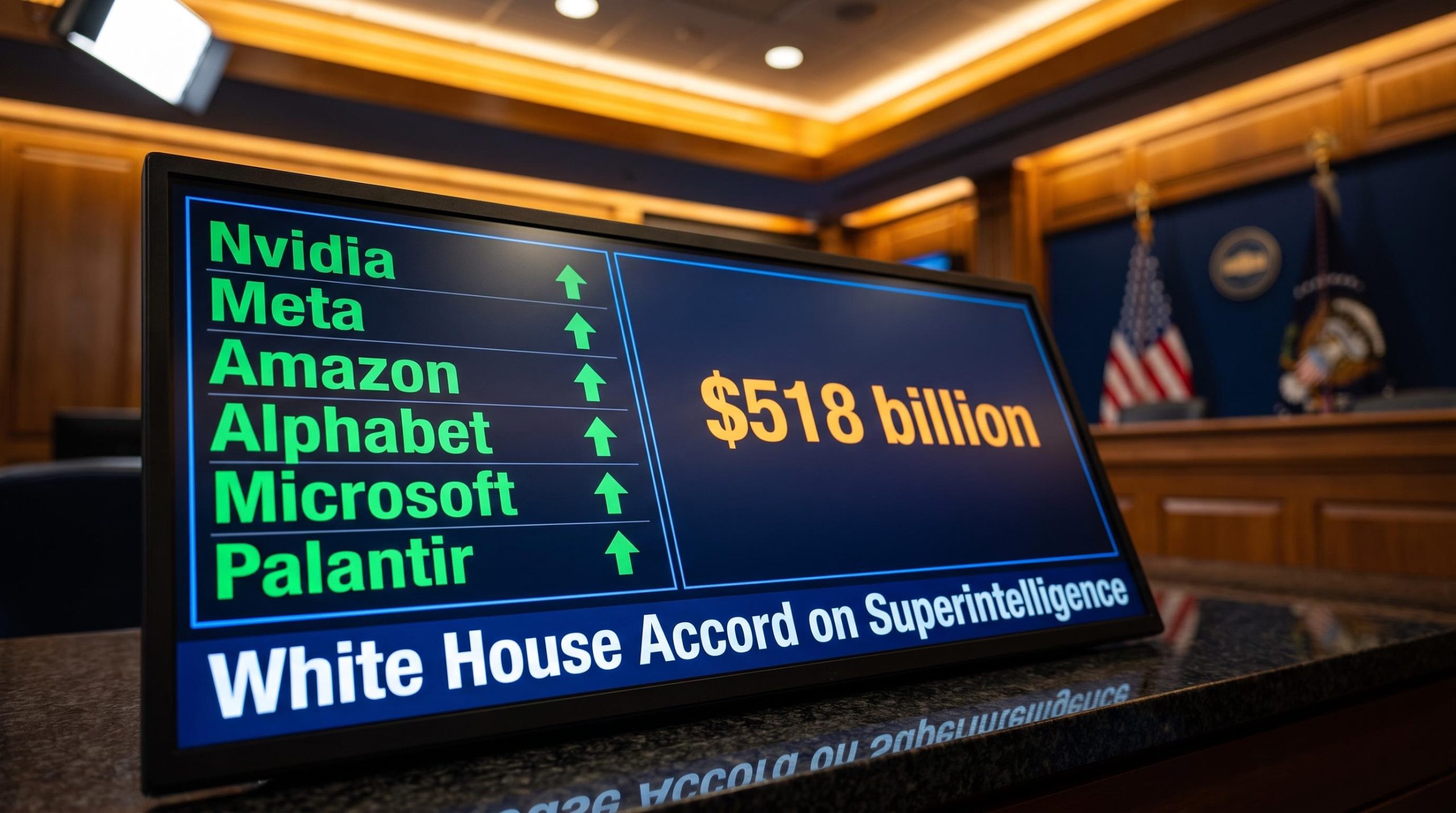 White House AI summit stock impact — terminal shows superintelligence accord as Nvidia, Meta and AI names rally
