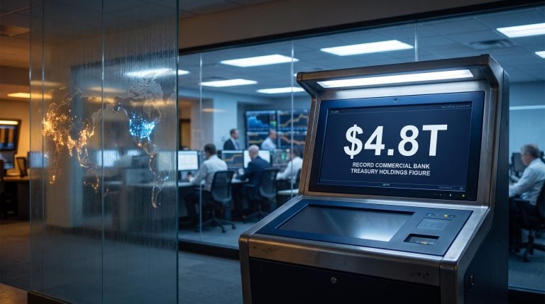 Federal Reserve bank terminal displaying $4.8T US commercial bank Treasury holdings as foreign buyer share plateaus at 33%