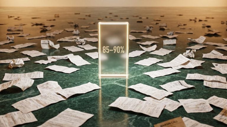 Crumpled active trading slips surround a glowing index monolith etched with "85–90%" — why active trading fails