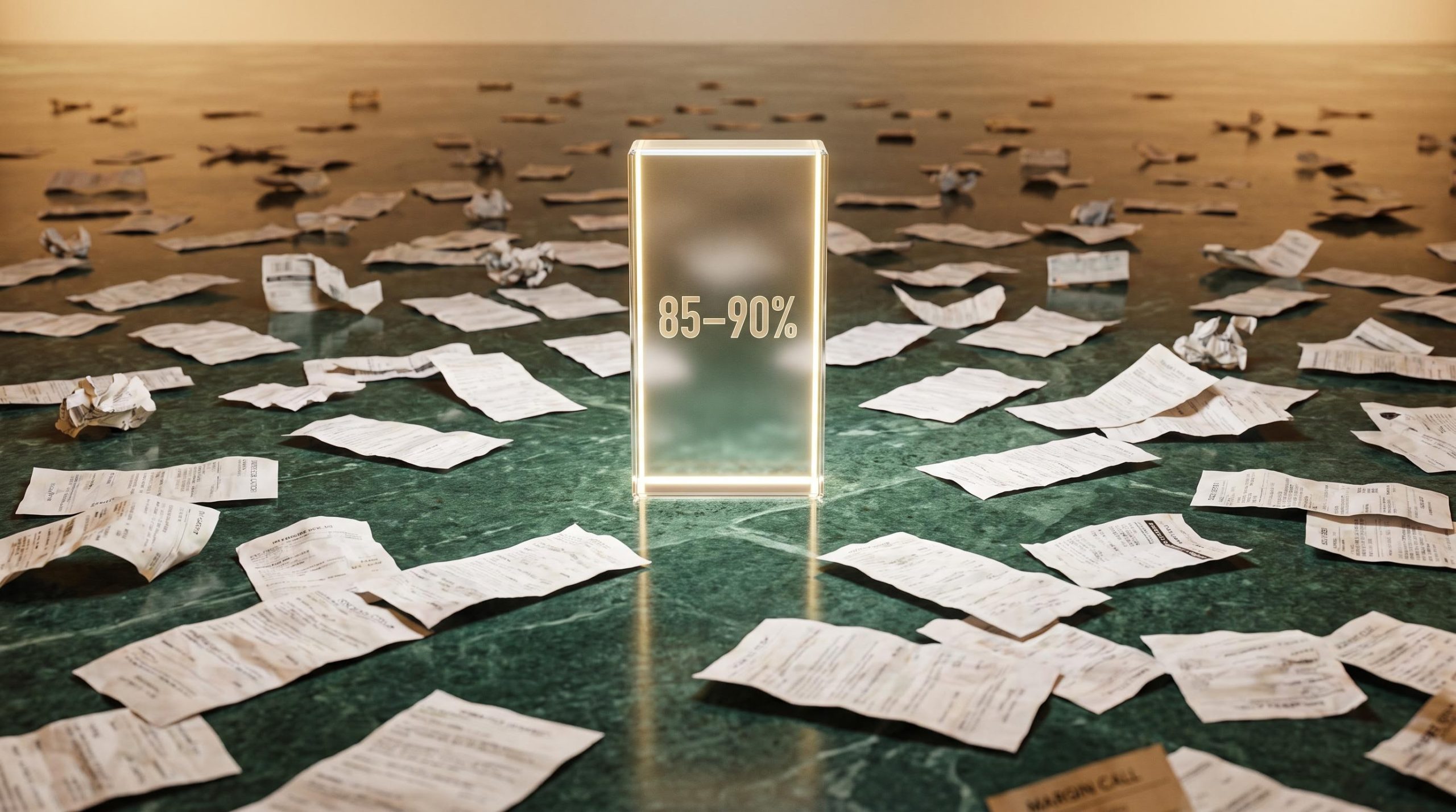 Crumpled active trading slips surround a glowing index monolith etched with "85–90%" — why active trading fails
